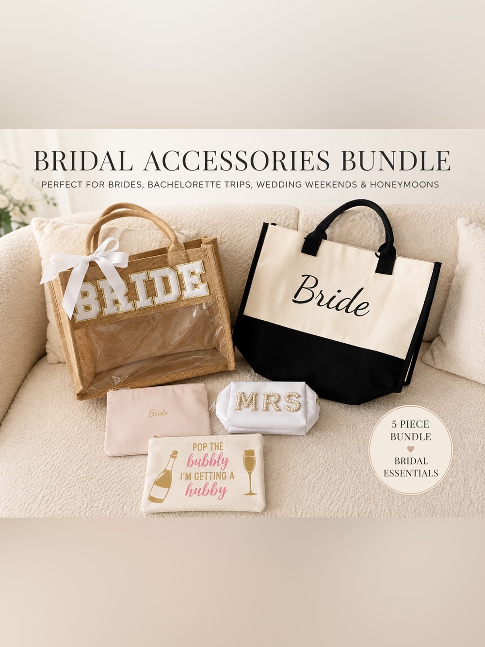 Bride Tote Bag & Bridal Accessories Bundle | Bachelorette Wedding Honeymoon